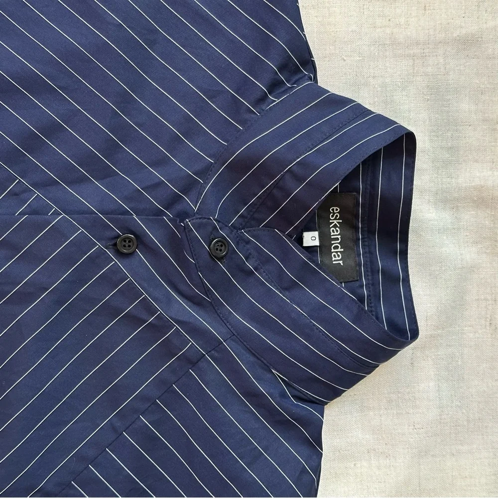 Eskandar Double Stand Collar Botton Shirt Navy Stripe Patchwork Cotton Luxury - Picture 9 of 13